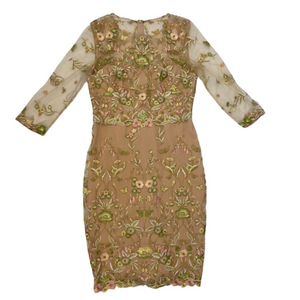 Marchesa Notte Beige Floral Embroidered Tulle Short Dress Women 12